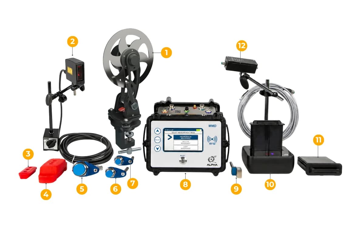 Complete MMD modular measurement device kit with inductive sensors, measuring wheel, and accessories
